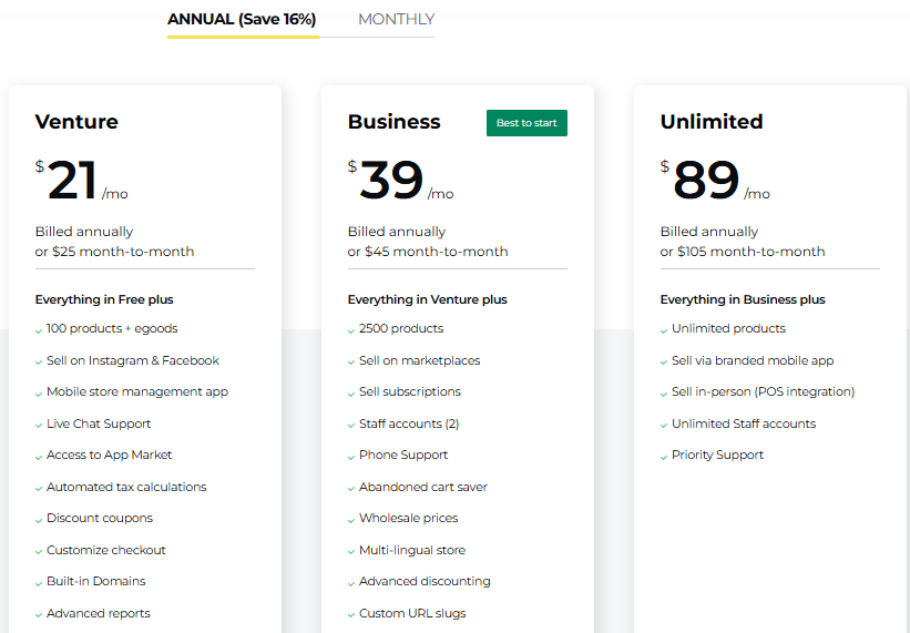 Ecwid Pricing Plan 
