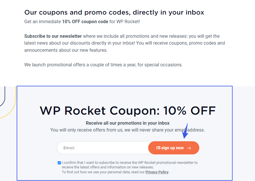 WP Rocket Coupon Code Email Form